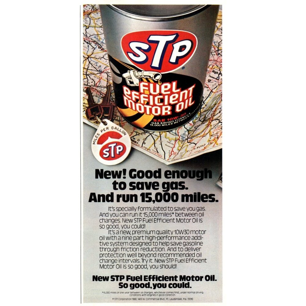 1980 STP Fuel Efficient Motor Oil Vintage Print Ad Road Map Atlas 80s Wall Art